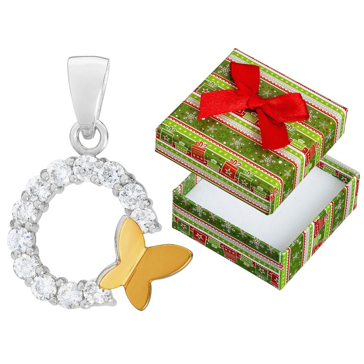 Pandantiv rotunda din argint, Siju, fluture auriu, 24x19mm, set cu cutie cadou