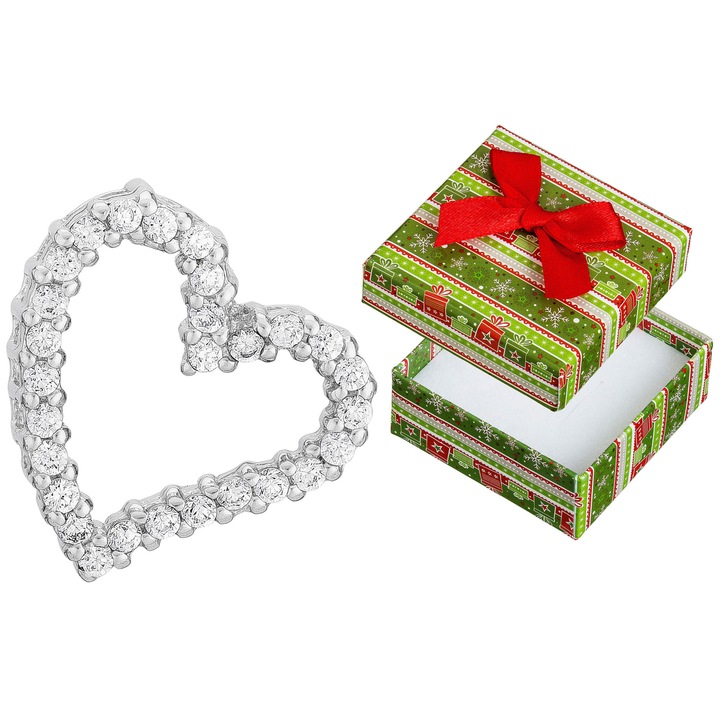 Pandantiv asimetric in forma de inima cu zirconii, Siju, argint 925 rodiat, 20x18mm, set cu cutie de cadou