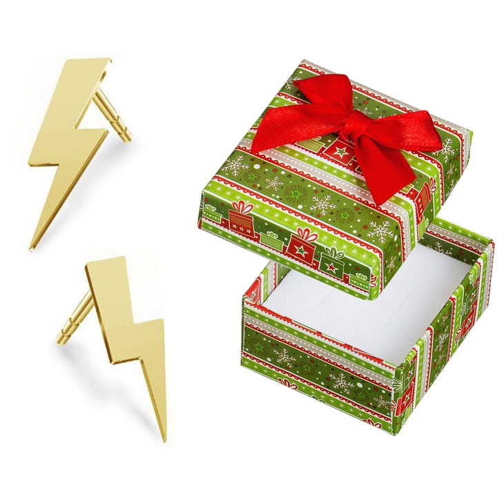 Cercei argintii pozlati in forma de fulger, Siju, set cu cutie cadou, 14x5mm