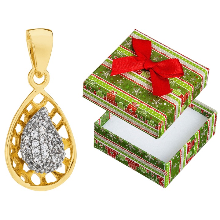 Pandantiv din argint 925 placata cu aur, cu zirconii, set cu cutie de cadou, 25x12mm
