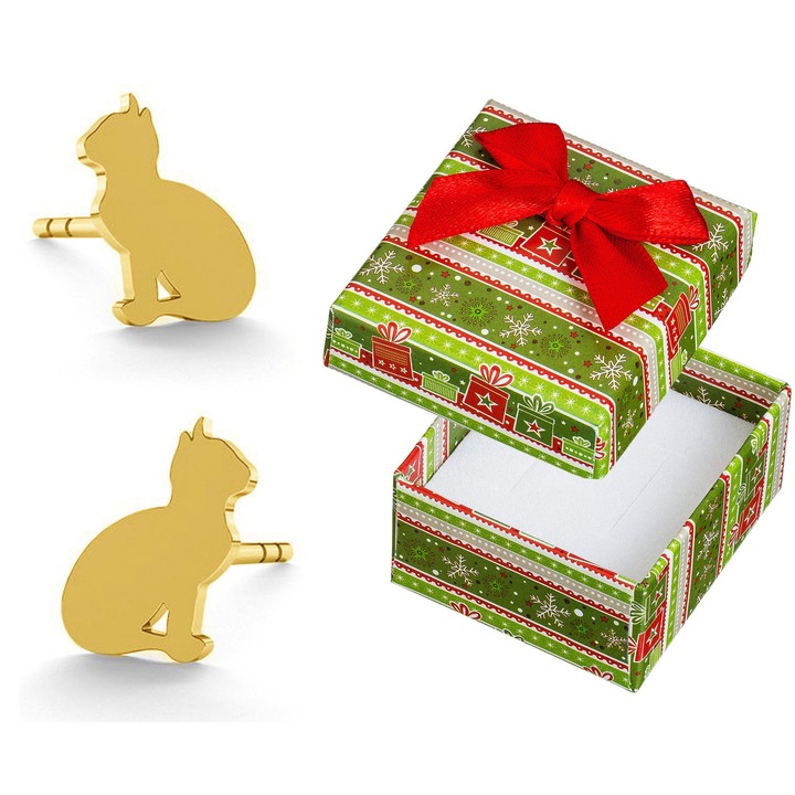 Cercei argintii pozlati cu forma de pisici, Siju, 6x8mm, set cu cutie cadou