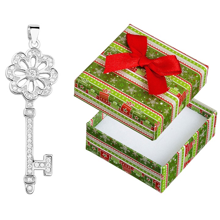 Pandantiv argintiu in forma de cheie cu zirconii, Siju, 925, 39x12mm, set cu cutie de cadou