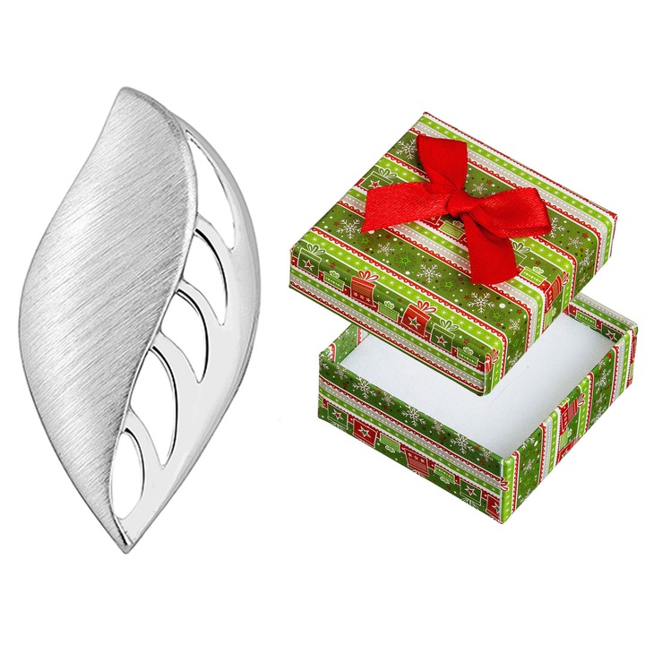 Pandantiv argintiu in forma de frunza, Siju, cu zirconii, 24x12mm, set cu cutie de cadou