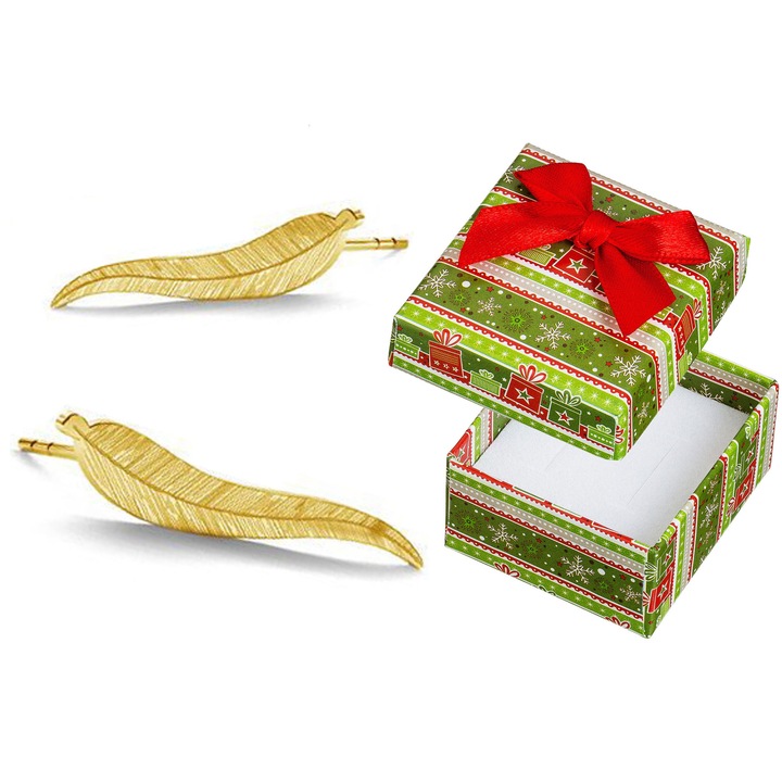 Cercei din argint 925 placat cu aur, model pene, set cu cutie cadou, 25x4mm