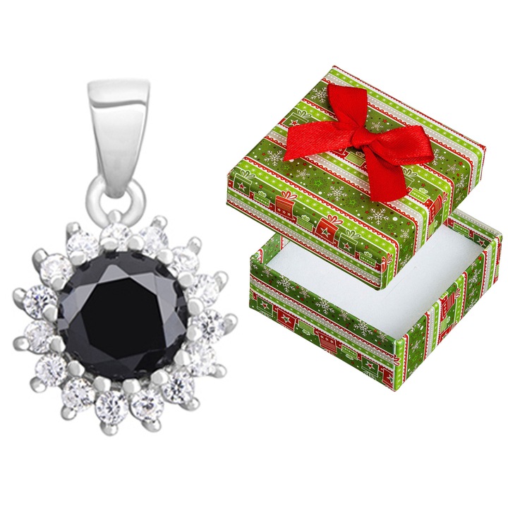 Pandantiv din argint cu zirconii, Siju, negru si transparent, 17x11mm, set cu cutie de cadou