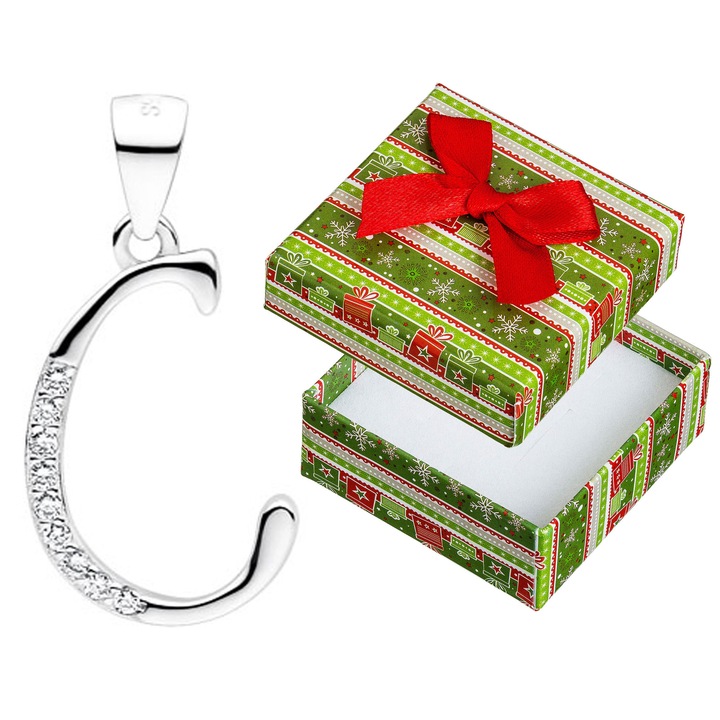 Pandantiv litera C din argint rodiat cu zirconii, set cu cutie cadou, Siju, 23x11mm