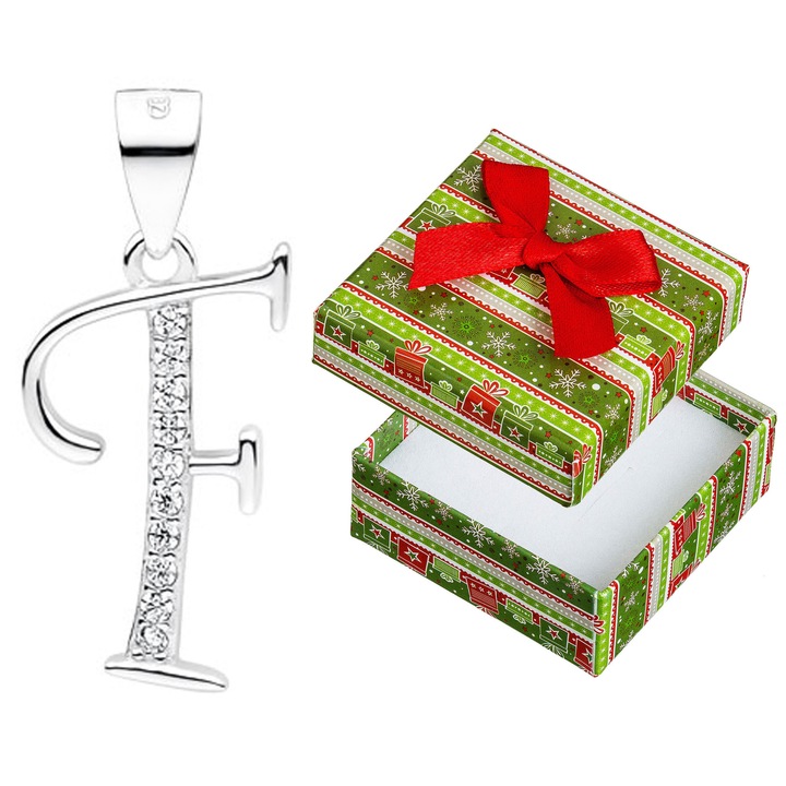 Pandantiv litera F din argint 925, rodinat, set cu cutie de cadou, 23x11mm