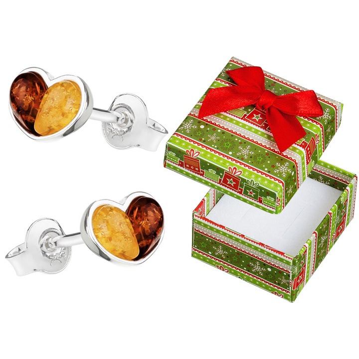 Cercei din argint 925 si chihlimbar, forma de inima, set cu cutie cadou, Siju, 7x10mm