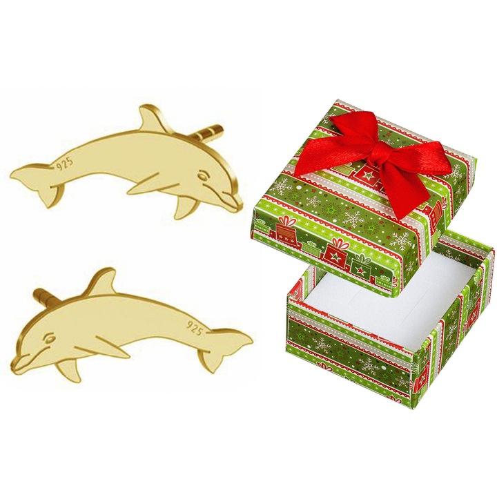 Cercei din argint 925 placati cu aur, delfini, set cu cutie cadou, Siju, 6x13mm