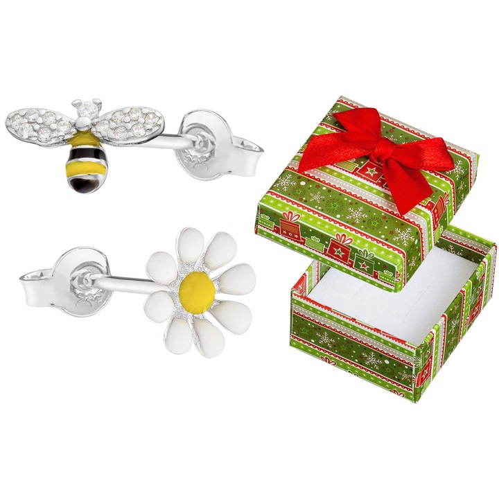 Set de cercei asimetrici din argint 925 cu albina si floare, Siju, zirconii 7x10mm, cu cutie cadou