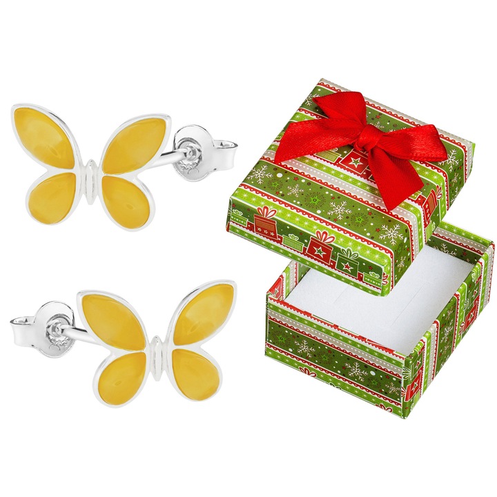 Cercei Siju din argint 925 cu chihlimbar galben, 13x17mm, set cu cutie de cadou