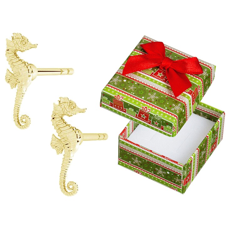 Cercei din argint, placati cu aur, Siju, forma de caluti de mare, set cu cutie cadou, 4x10mm