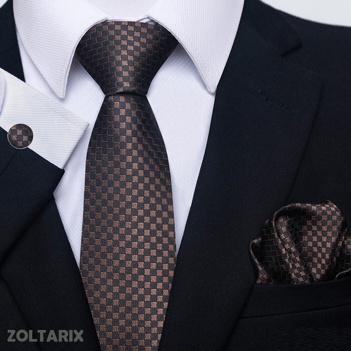Set cravata ZOLTARIX cu batista, butoni si ac de cravata, 147 x 8 cm, poliester, culoare cafea, pentru nunta, banchet, intalniri de afarceri si evenimente