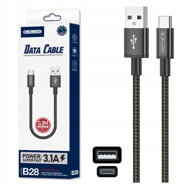 Rövid USB kábel, USB-ről USB-C-re, Jellico B28, szupergyors 3.1A, 30cm