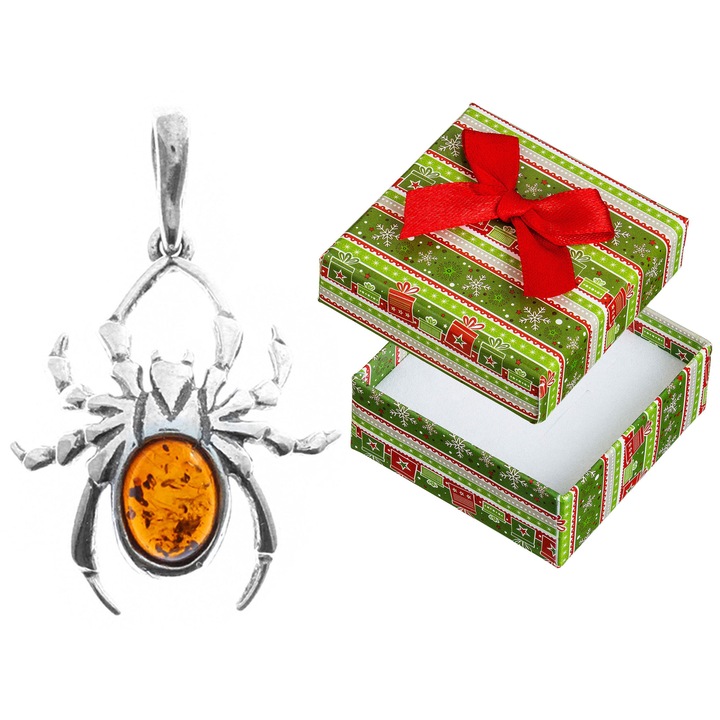 Pandantiv din argint in forma de capusa cu chihlimbar, 32mm, set cu cutie de cadou, Siju