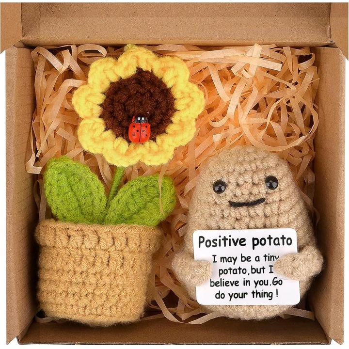 Set jucarii de plus, 1 cartof pozitiv si 1 ghiveci cu floarea-soarelui, cadou de sustinere emotionala, pentru adulti si copii