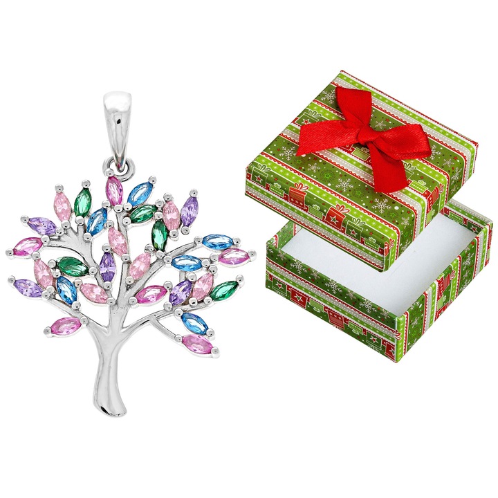 Pandantiv din argint rodiat in forma de copac, cu zirconii colorate, 30x23mm, set cu cutie de cadou