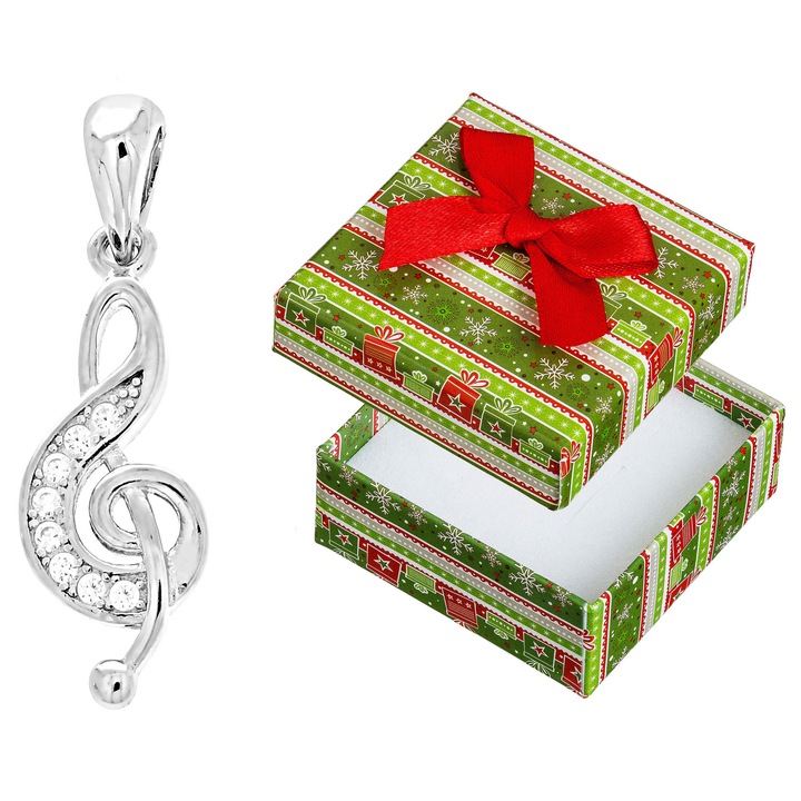 Pandantiv din argint in forma de cheie de vioara cu zirconii, Siju, 925, 26x9mm, set cu cutie de cadou
