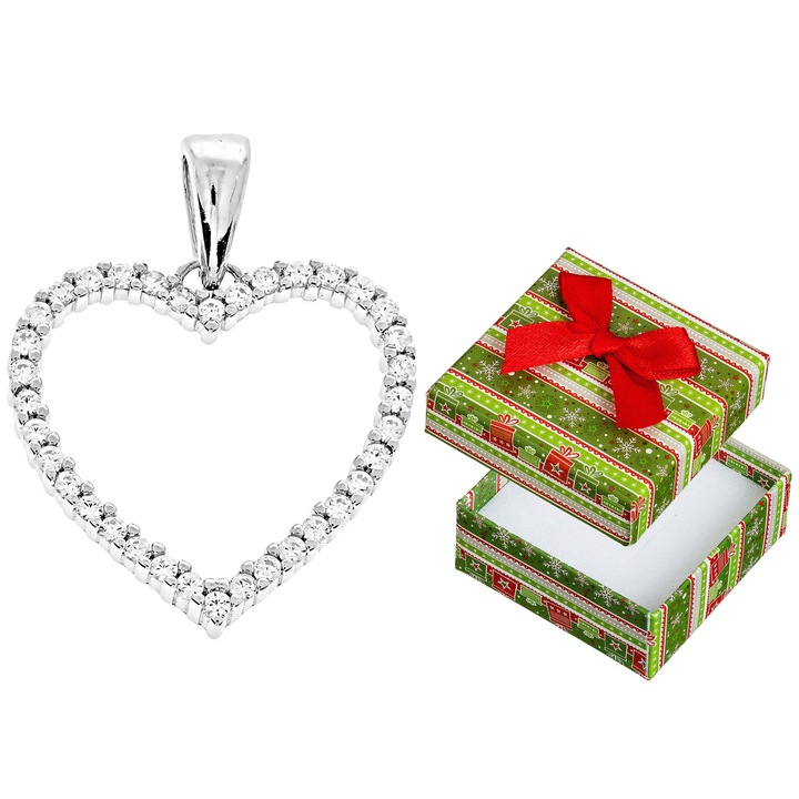 Pandantiv din argint in forma de inima cu zirconii, Siju, 24x18mm, set cu cutie de cadou