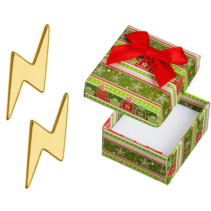 Cercei din argint placati cu aur, Siju, model fulger, 9x3mm, set cu cutie cadou