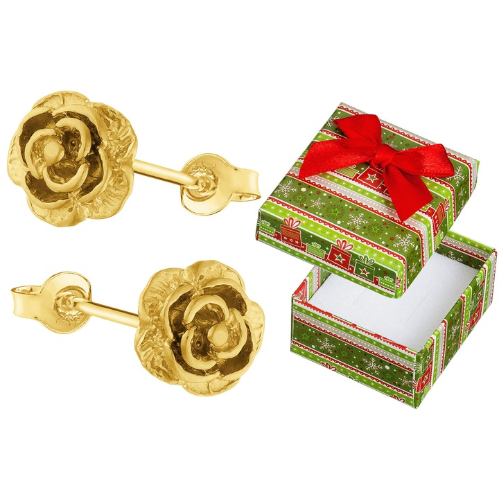 Cercei din argint, placati cu aur, model cu flori, Siju, 8x8,5mm, set cu cutie cadou