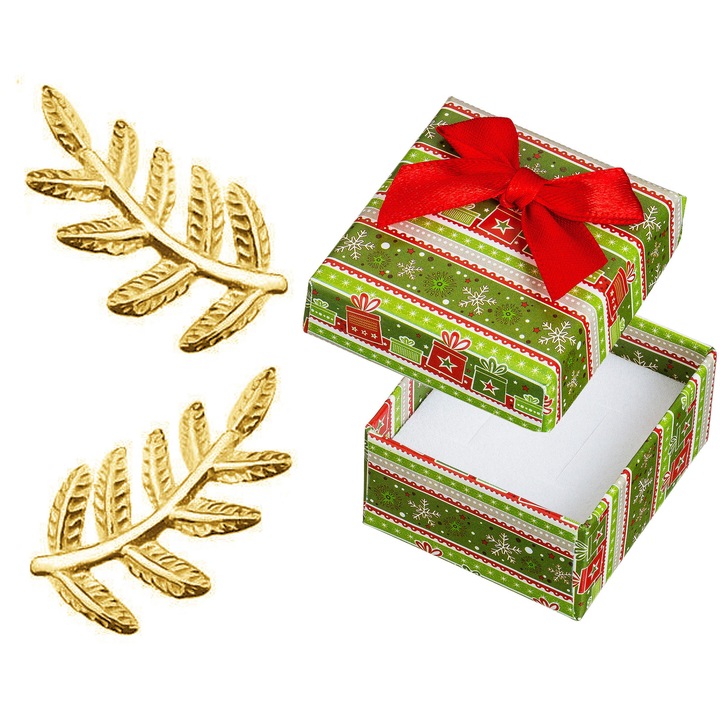 Cercei Siju din argint placati cu aur, forma de ramuri cu frunze, 7x12mm, set cu cutie cadou