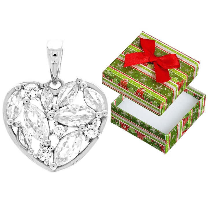 Pandantiv din argint, inima cu zirconii, Siju, 22x17mm, set cu cutie cadou