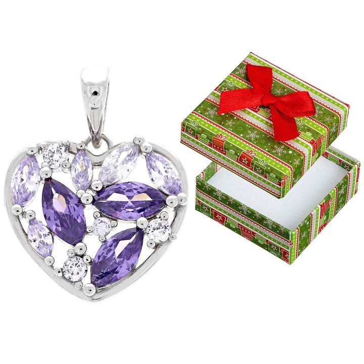 Pandantiv din argint in forma de inima cu zirconii mov, Siju, 22x17mm, set cu cutie cadou