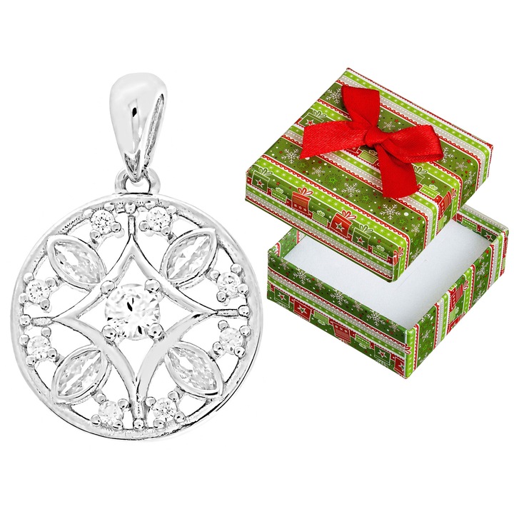 Pandantiv rotund din argint 925 cu zirconii, Siju, set cu cutie de cadou, 23x16mm
