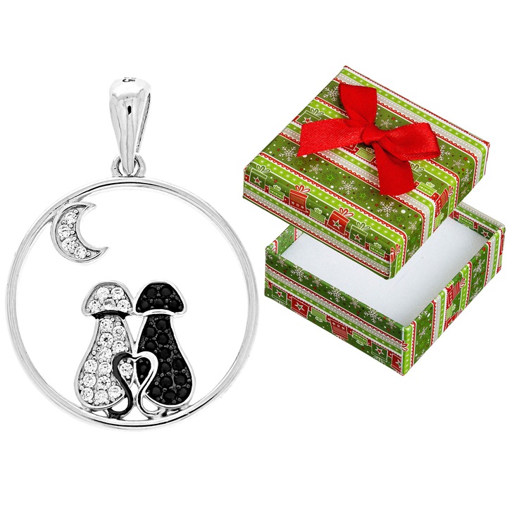 Pandantiv argintiu cu doua pisici si luna, Siju, cu zirconii, 28x20mm, set cu cutie de cadou