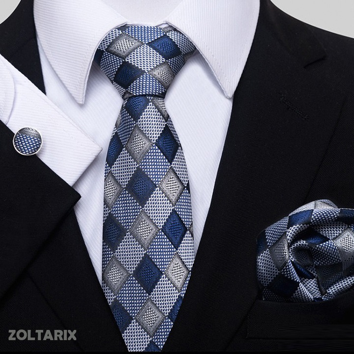 Set cravata ZOLTARIX cu batista, butoni si ac de cravata, 147 x 8 cm, poliester, albastru deschis, pentru nunta, banchet, intalniri de afarceri si evenimente