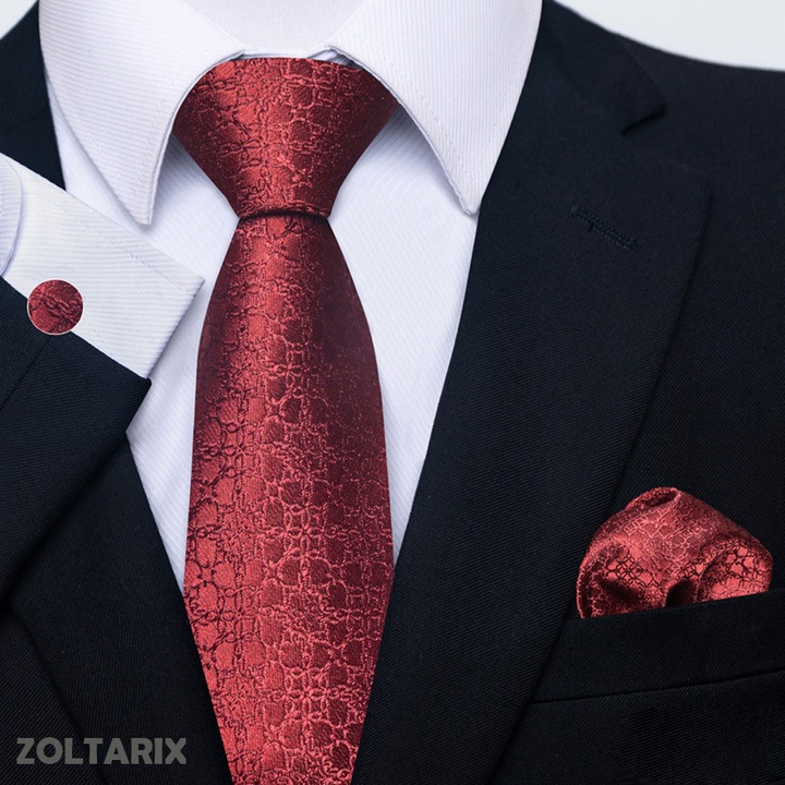 Set cravata ZOLTARIX cu batista, butoni si ac de cravata, 147 x 8 cm, poliester, rosu inchis, pentru nunta, banchet, intalniri de afarceri si evenimente