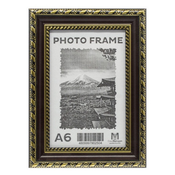 Fényképkeret A6, fekete arany díszítéssel, asztali támasztékkal, klasszikus design, 10x15 cm
