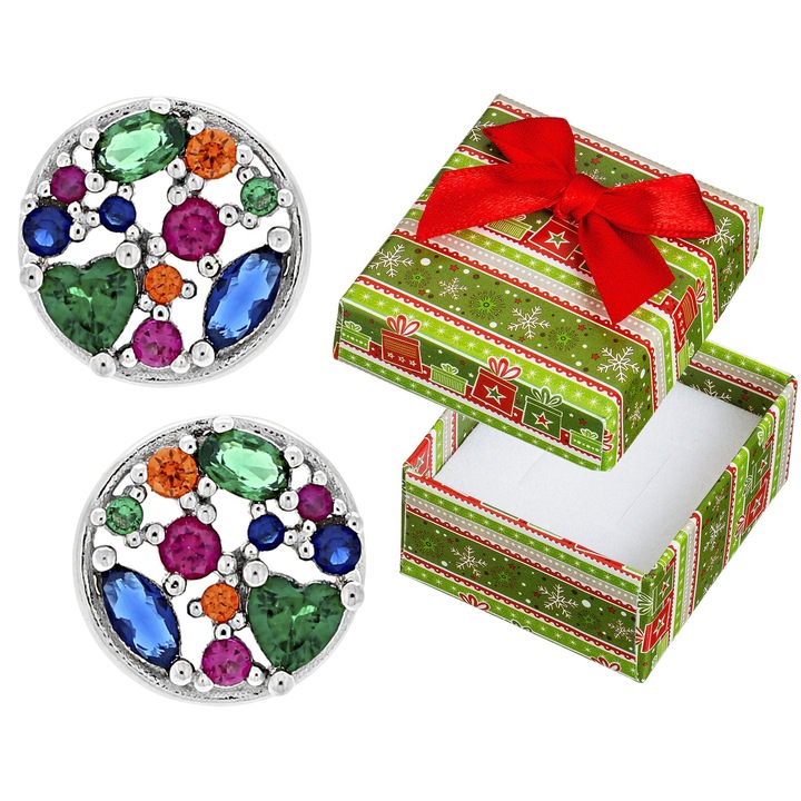 Cercei din argint 925 Siju, cu zirconii multicolore, model rotund, set cu cutie de cadou