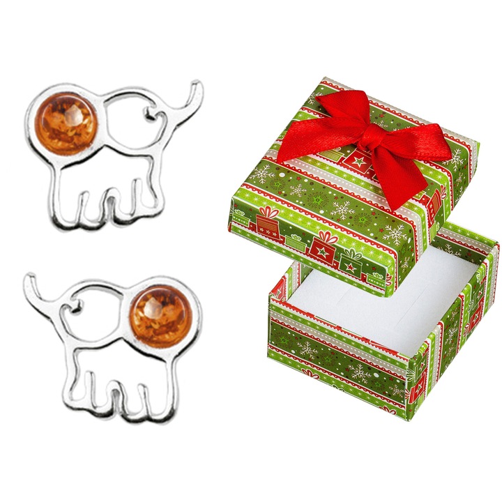 Cercei argintii cu chihlimbar in forma de elefanti, Siju, 11x14mm, in cutie de cadou