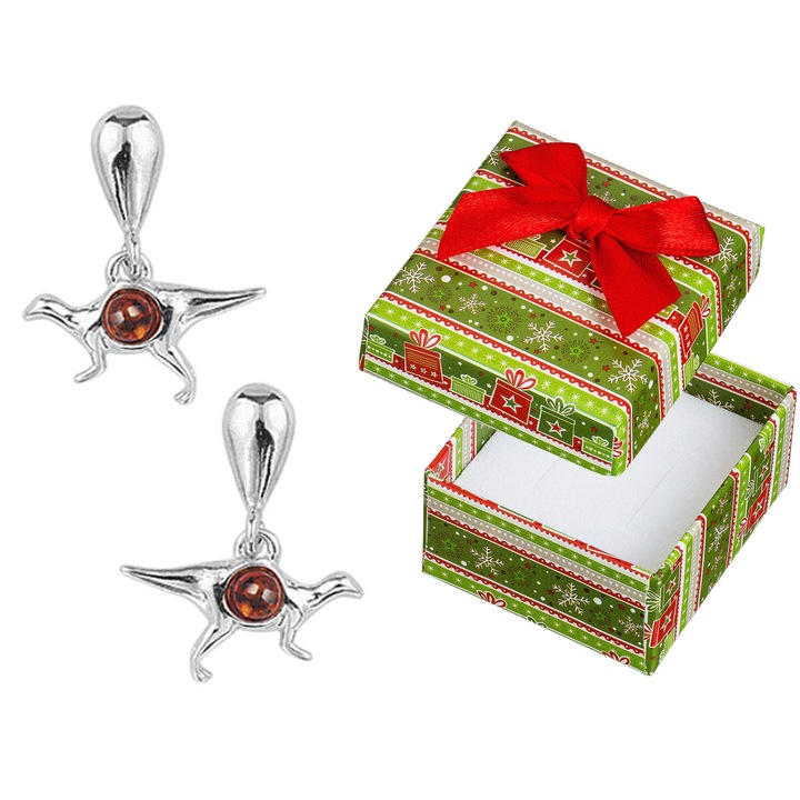 Cercei din argint 925 Siju, model dinozauri, cu chihlimbar, in cutie de cadou