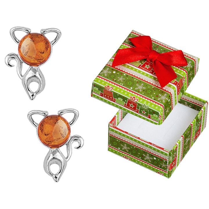 Cercei din argint, in forma de pisica, cu chihlimbar, Siju, in cutie de cadou