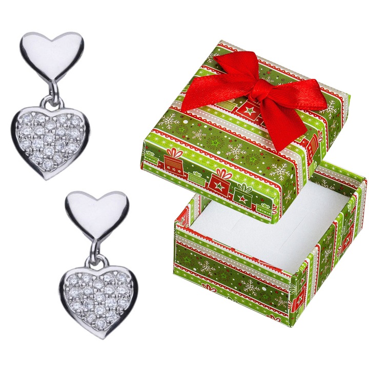 Cercei din argint, in forma de inima cu cristale, Siju, 18x10mm, set cu cutie cadou