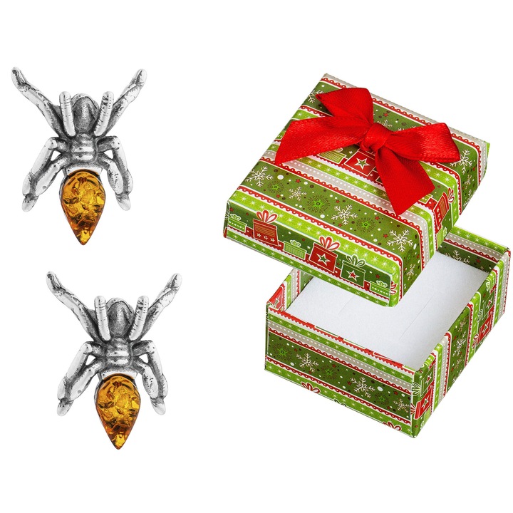 Cercei din argint, in forma de paianjen, Siju, cu chihlimbar, 14mm x 9mm, in cutie de cadou