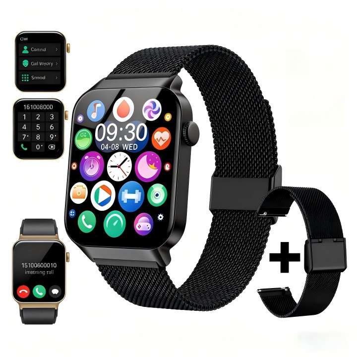 Смарт часовник за възрастни, 1.83 инчов екран, поддържа интелигентно гласово управление, Bluetooth свързване, приемане на обаждания, сън и насищане с кислород (SpO2), водоустойчивост IP67, Ugo®, две каишки, черен