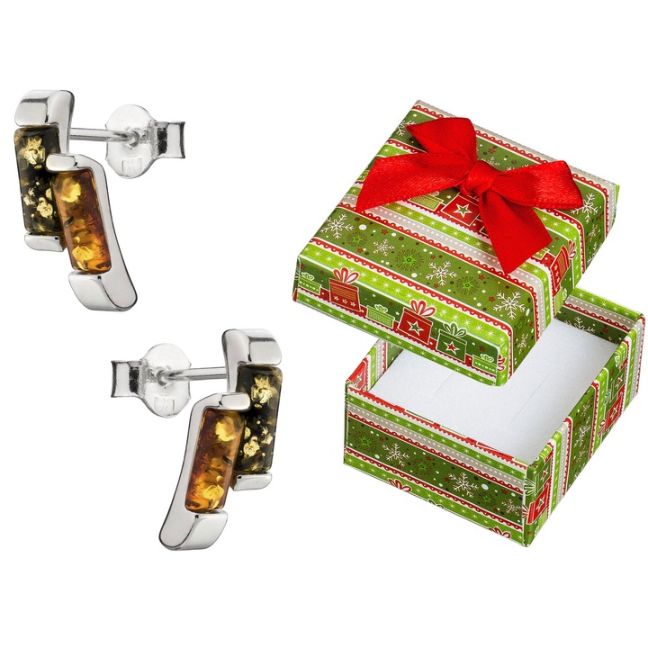 Cercei din argint 925 cu 2 pietre de chihlimbar, Siju, in cutie de cadou