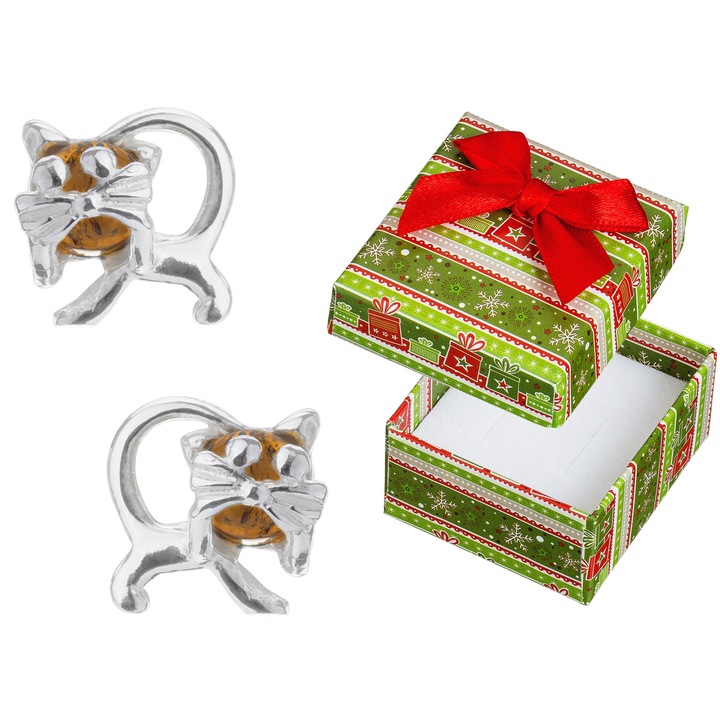 Cercei Siju din argint 925 cu chihlimbar, forma pisici, in cutie de cadou