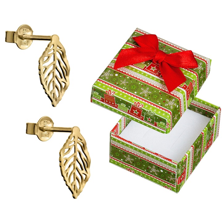 Cercei aurii in forma de frunze, Siju, set cu cutie cadou, 13x7mm