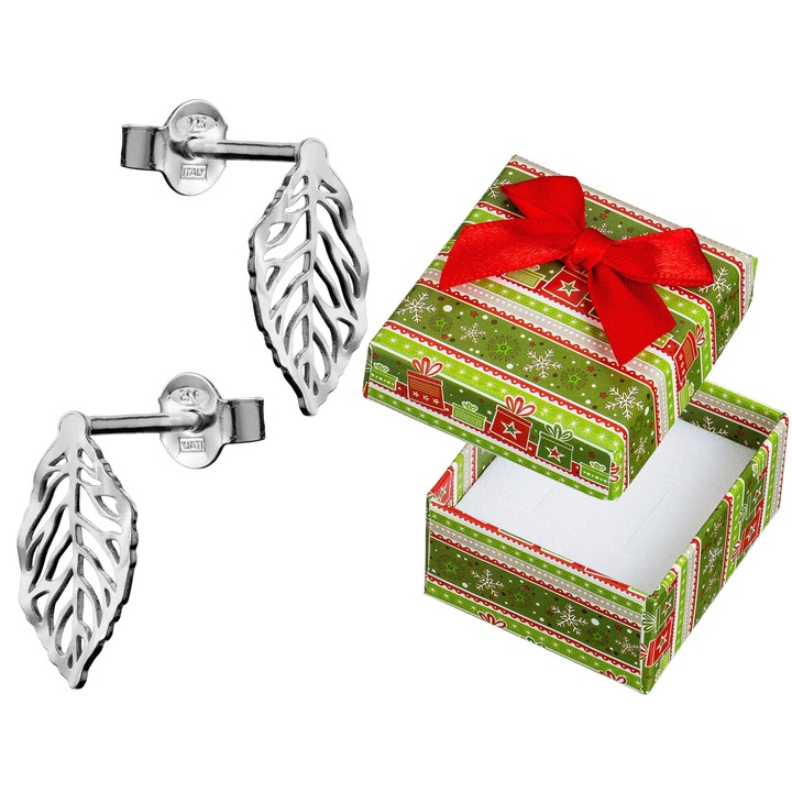 Cercei argintii Siju, forma frunze, argint 925, hipoalergenici, 13x7mm, set cu cutie cadou