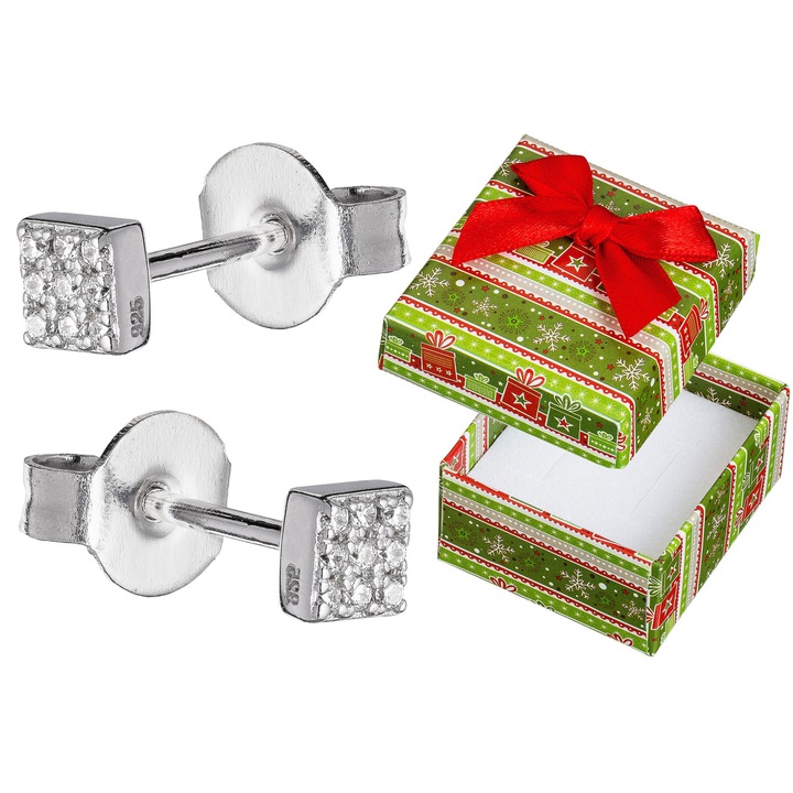 Cercei argintii, Siju, rodinati, 4x4mm, set cu cutie de cadou