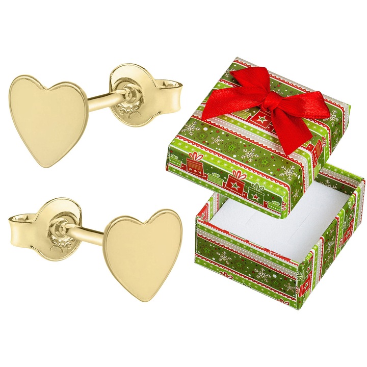 Cercei din argint 925 placati cu aur, forma inima, set cu cutie cadou, 11x5mm, Siju