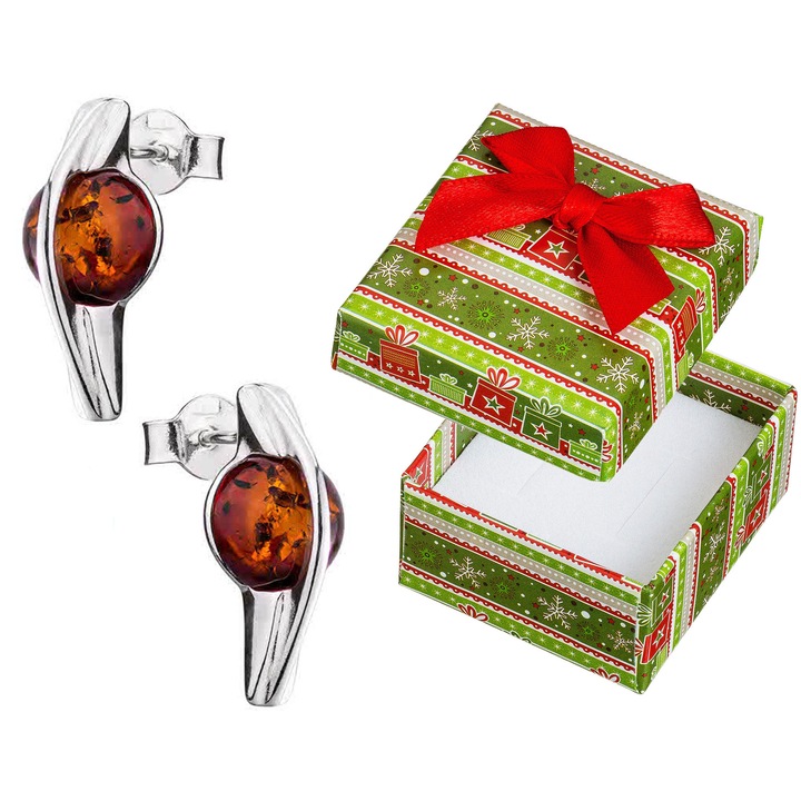 Cercei din argint 925 cu chihlimbar, set cu cutie de cadou, 8mm, 19x8mm, Siju