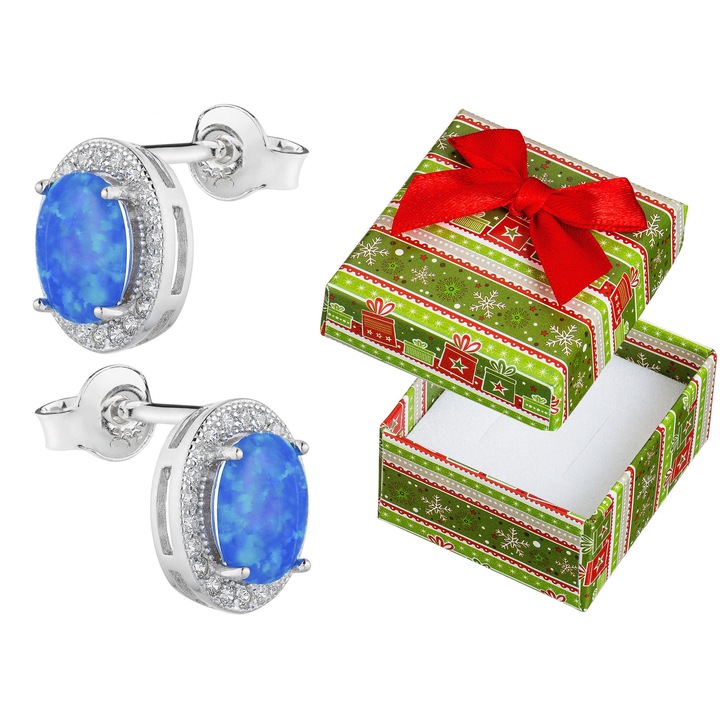 Cercei din argint 925 cu opal sintetic albastru si zirconii, set cu cutie de cadou