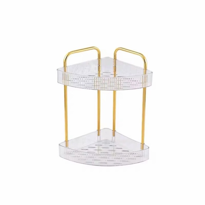 Ъглова етажерка за баня на 2 нива, модерен дизайн, златна метална структура, рафтове от прозрачна пластмаса – LGCHome®