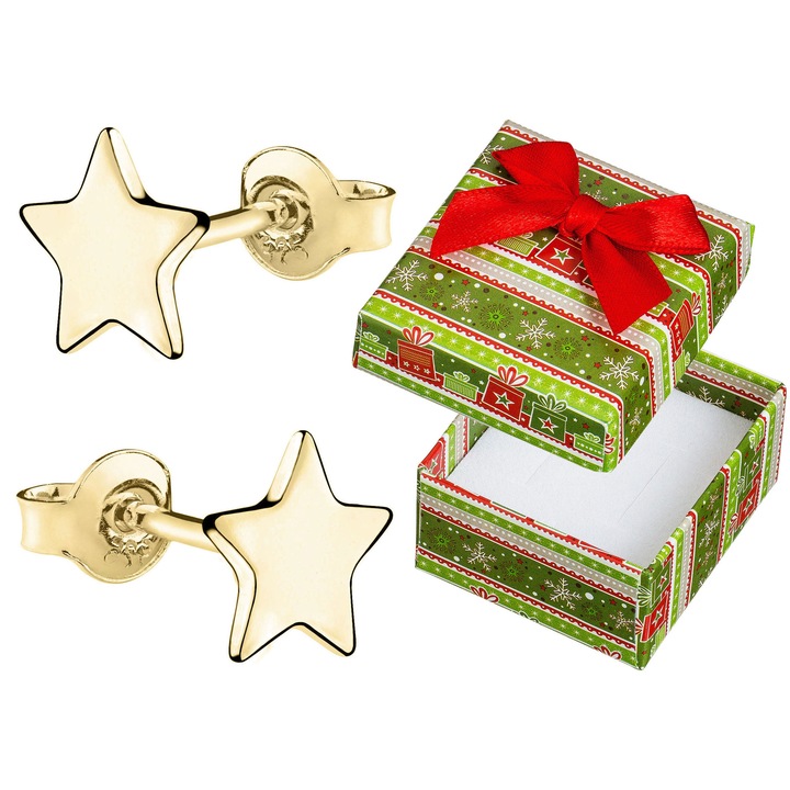 Cercei argintii model stea, Siju, 4,5mm, set cu cutie cadou, placati cu aur